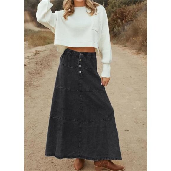 Women Casual Denim Maxi Skirt Elastic Waist Black - Picture 2 of 5